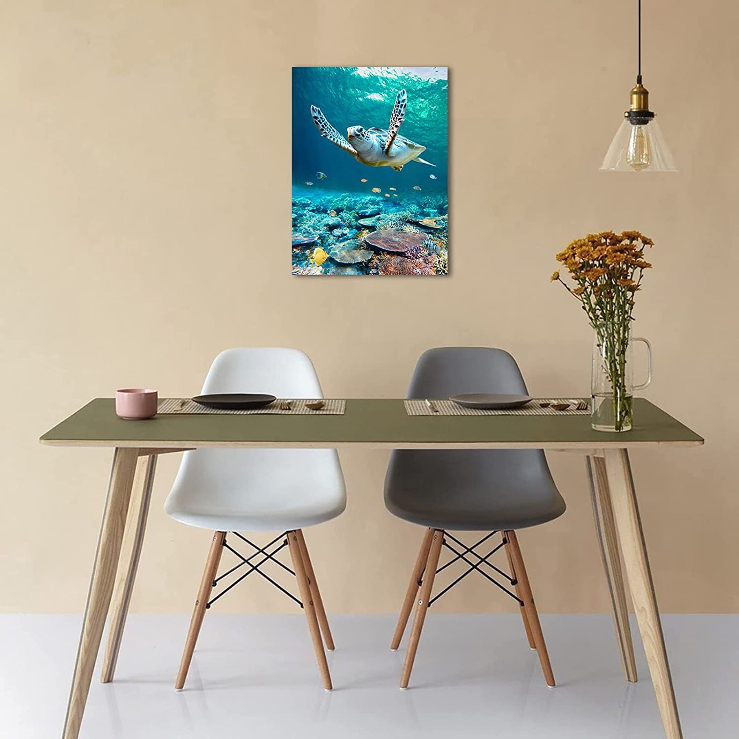 Ocean Canvas Wall Art Sea Turtle Coral Theme Painting Artwork Ready to Hang 12"x16"