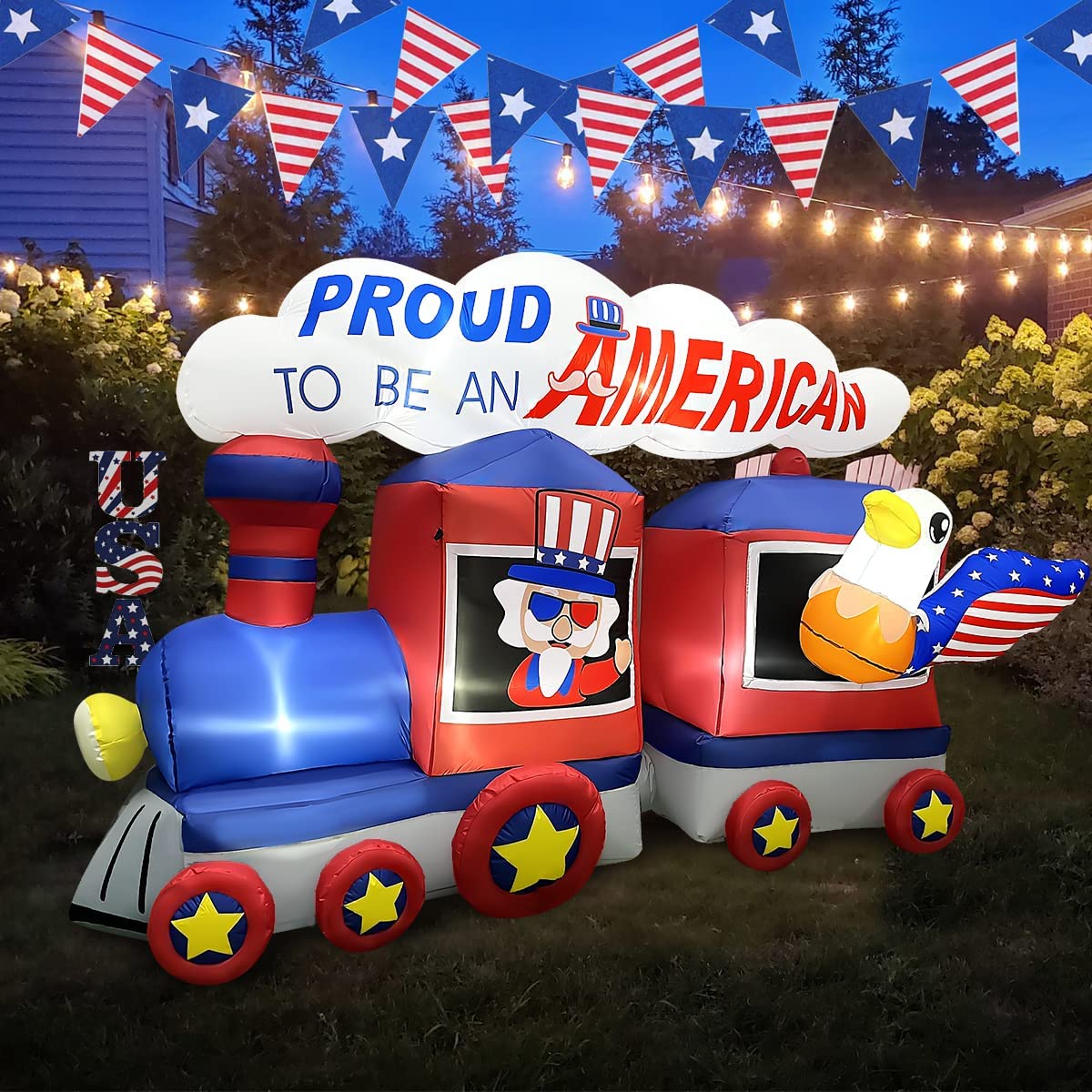 8 FT Independence Day Inflatable Uncle Sam Sitting on Train w/ Eagle & LEDs
