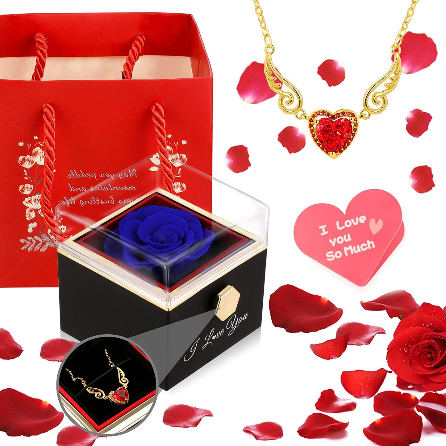 Blue Preserved Rose w/ Heart Necklace - Eternal Flower Rose Gifts for Women Mom Wife