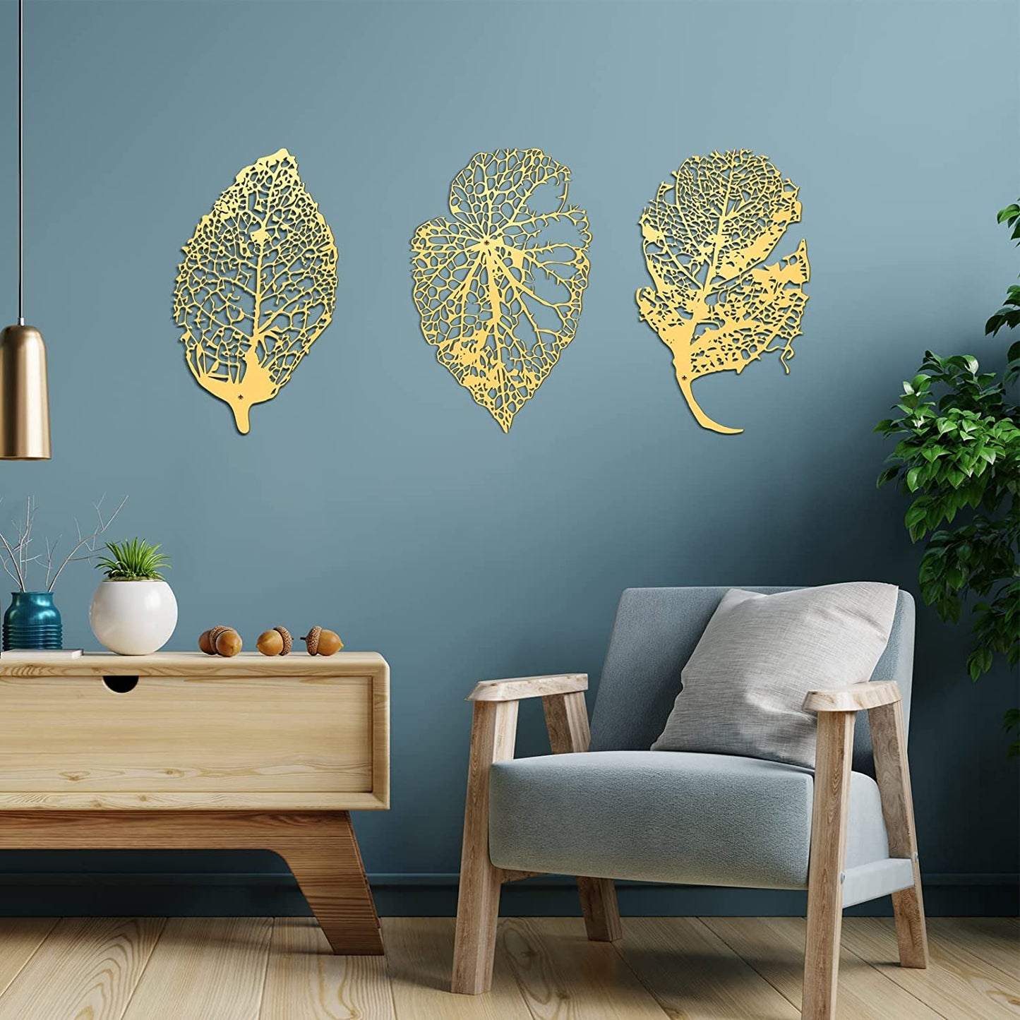 3 Pieces Metal Leaves Wall Decorartion Metal 15.7" x 9.4" (Gold)