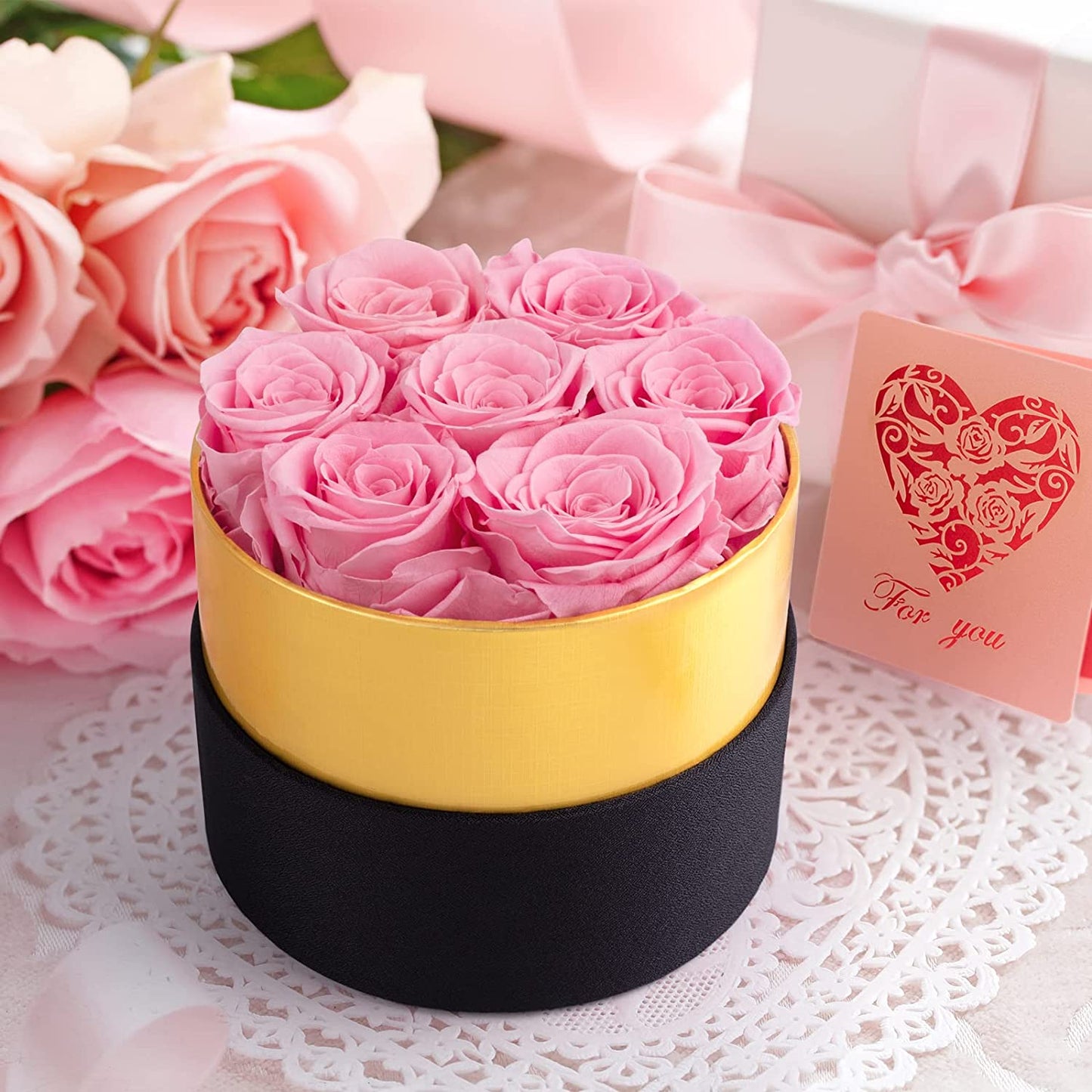 Preserved Real Roses w/ Heart Necklace, Valentines Day Gifts for Her, Forever Rose (Sweet Pink)