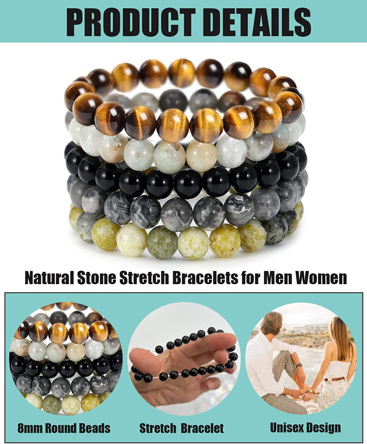 5PCS Semi-Precious Gemstone Bracelet - Healing Crystal Stone Beaded Bracelets for Women Men 8mm Round