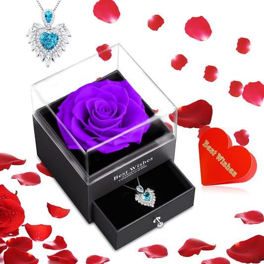 Preserved Rose w/ Heart Necklace, Preserved Flower Rose Gift for Mom| Girlfriend (Purple)