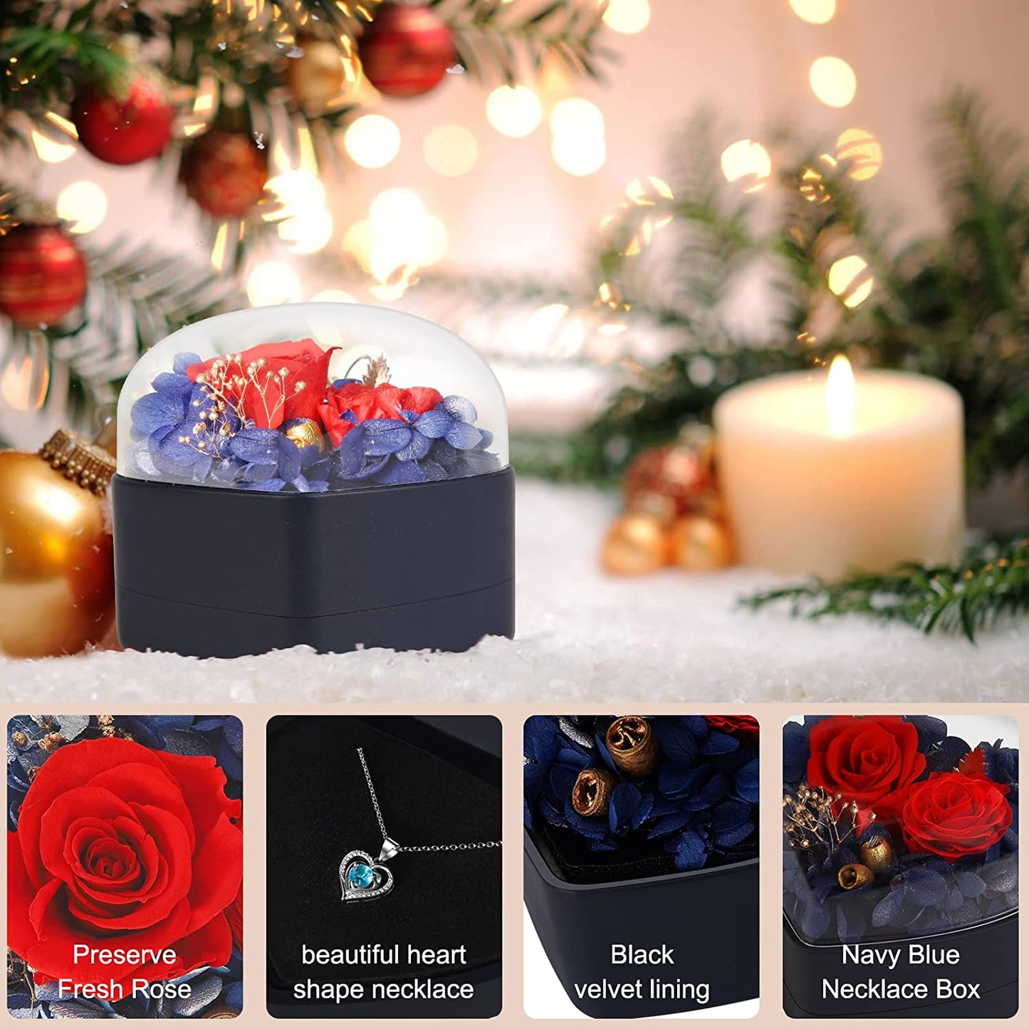 Preserved Red Real Rose w/ Necklace-Enchanted Rose Flower Gifts for Mom, Girlfriend