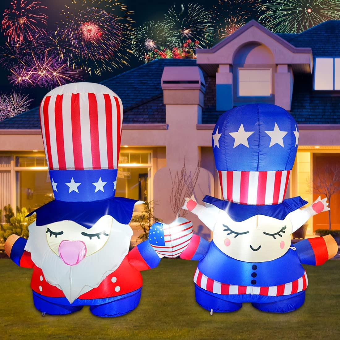 Independence Day July 4th Inflatable 7.2FT Long Gnome Couple w/ Built-in LEDs