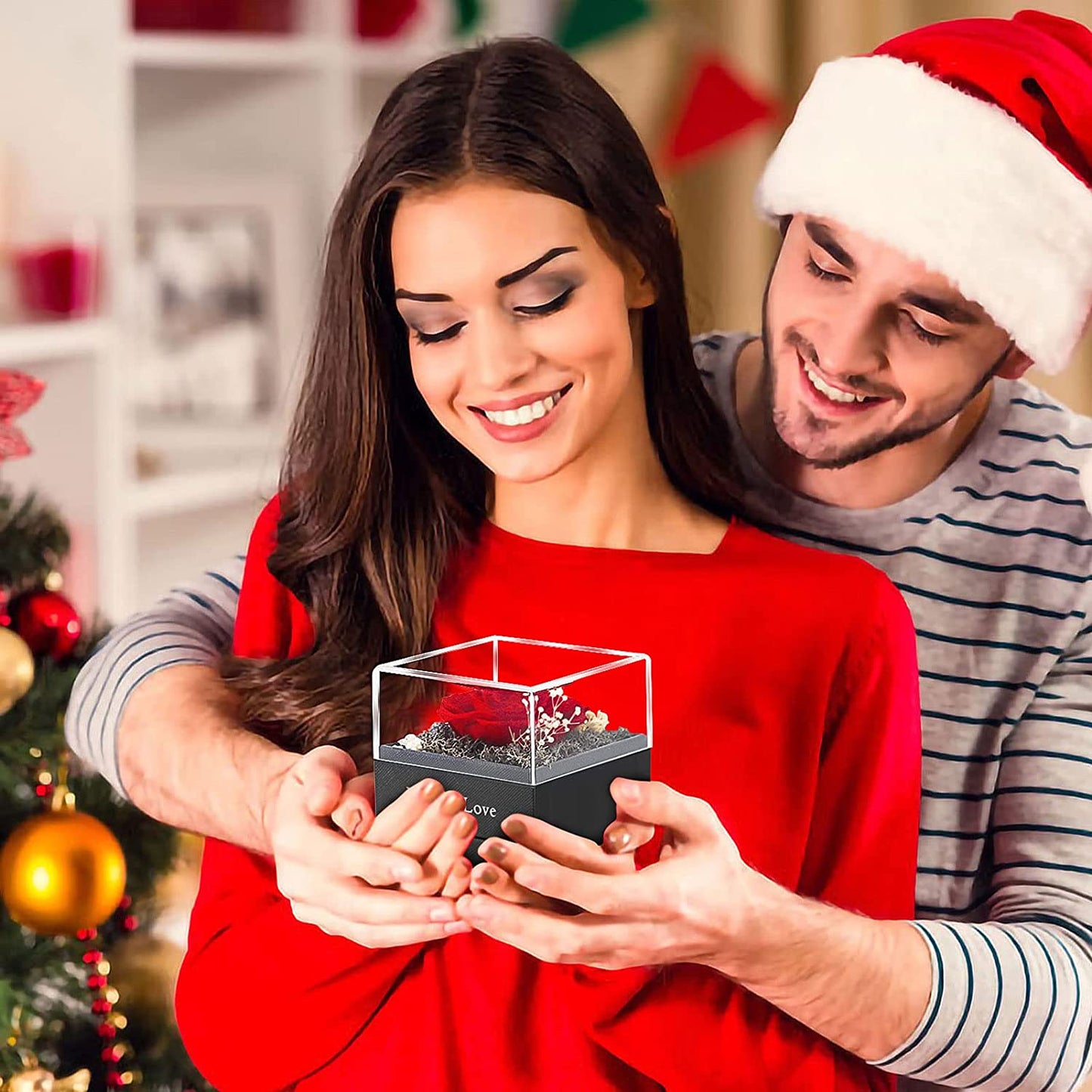 Valentines Day Gifts, Preserved Real Red Rose Jewelry Box w/ 14K Gold Plated Silver Heart Necklace (Red)