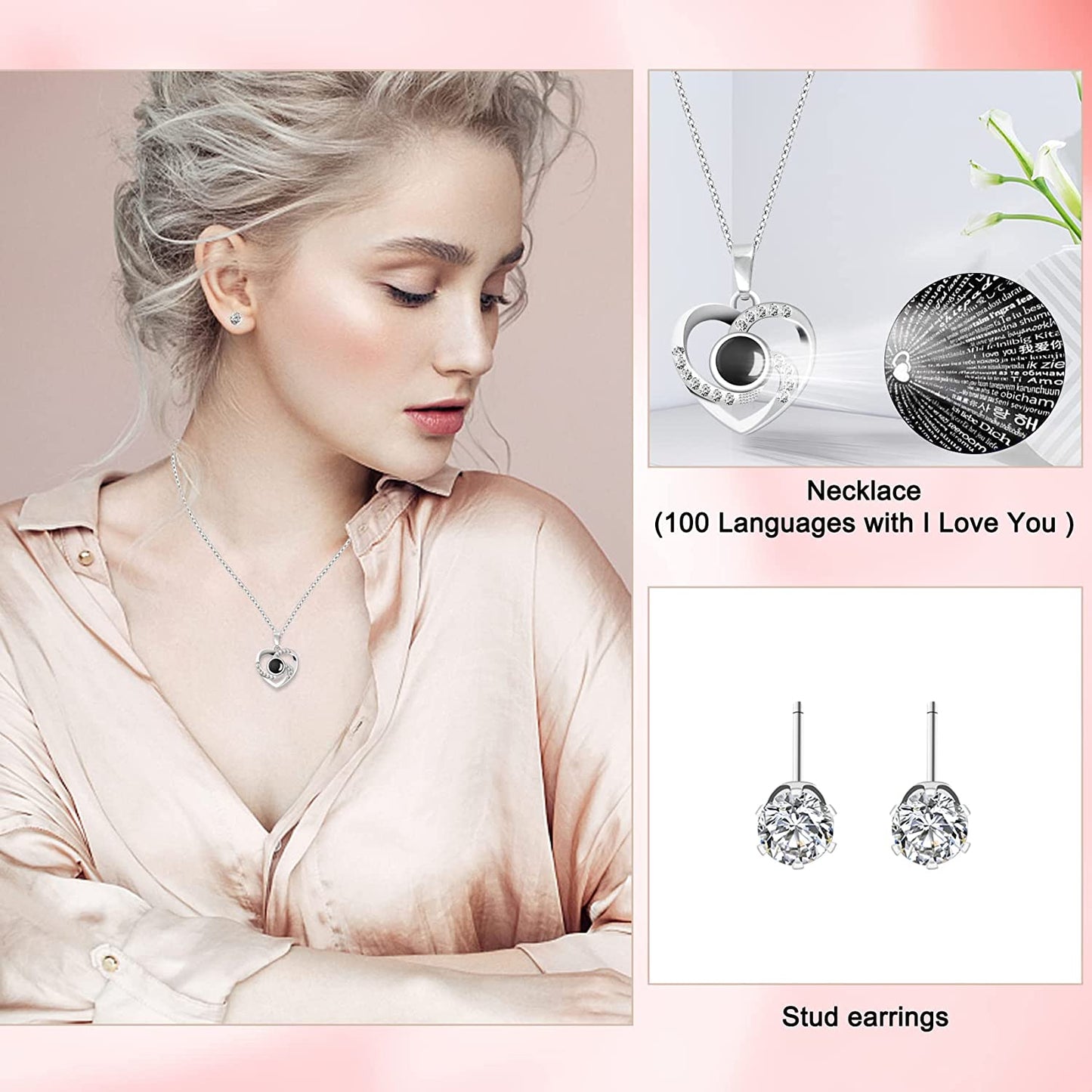 Preserved Rose Cute Bear Set Necklace w/ Heart-Shaped I Love You in 100 Languages, Pink