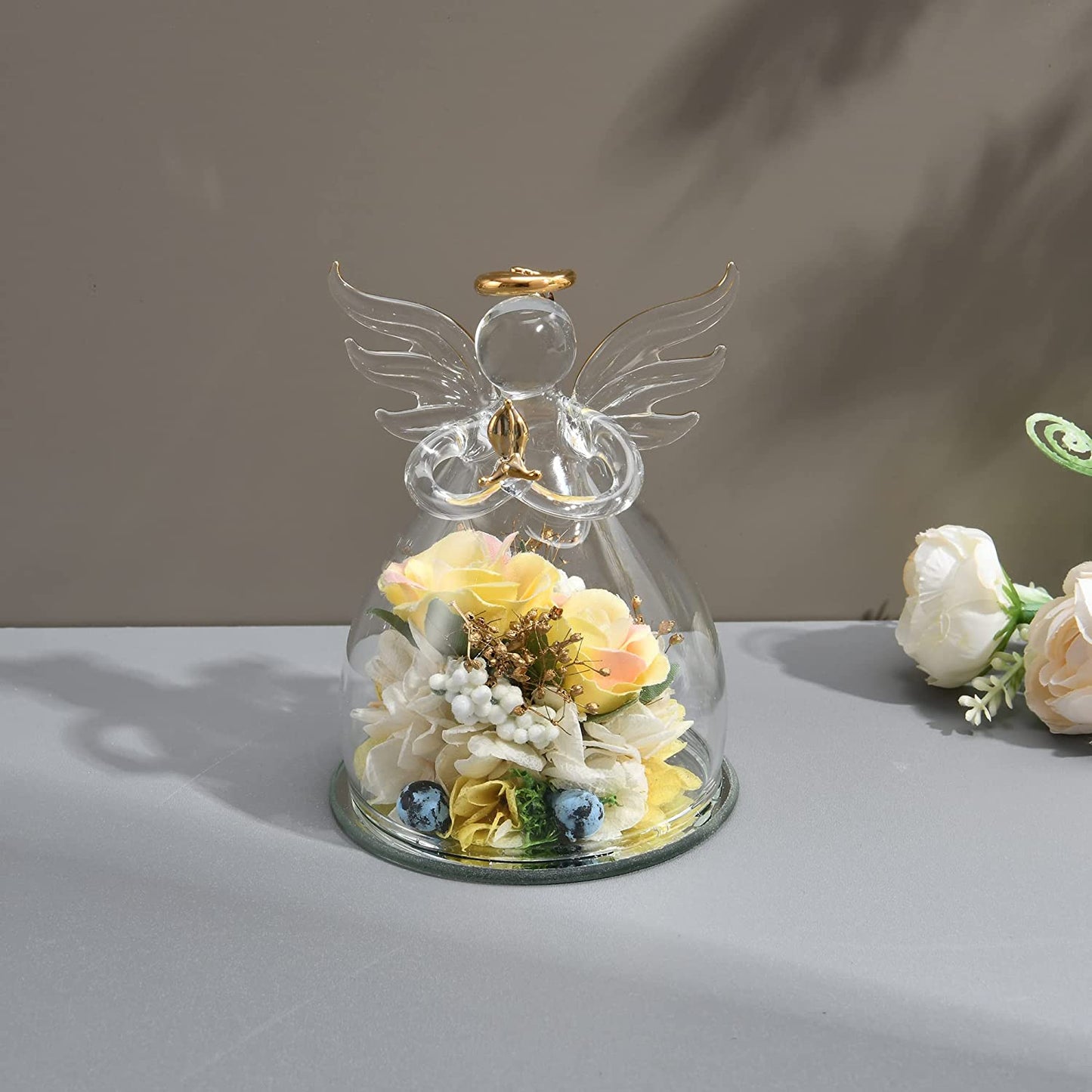 Mothers Day Gifts for Women Simulated Flowers Roses Hydrangeas Glass Angels (Yellow Pink)