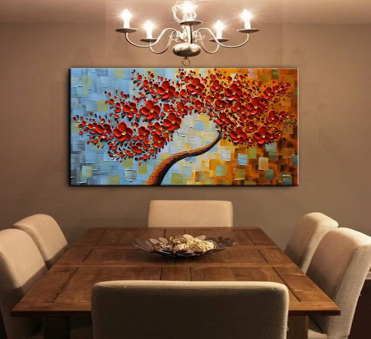 Art -hand Painted Contemporary Oil Painting On Canvas Texture Palette Knife Tree Paintings Modern Home Decor 3D Red Flowers Ready to hang 20x40inch