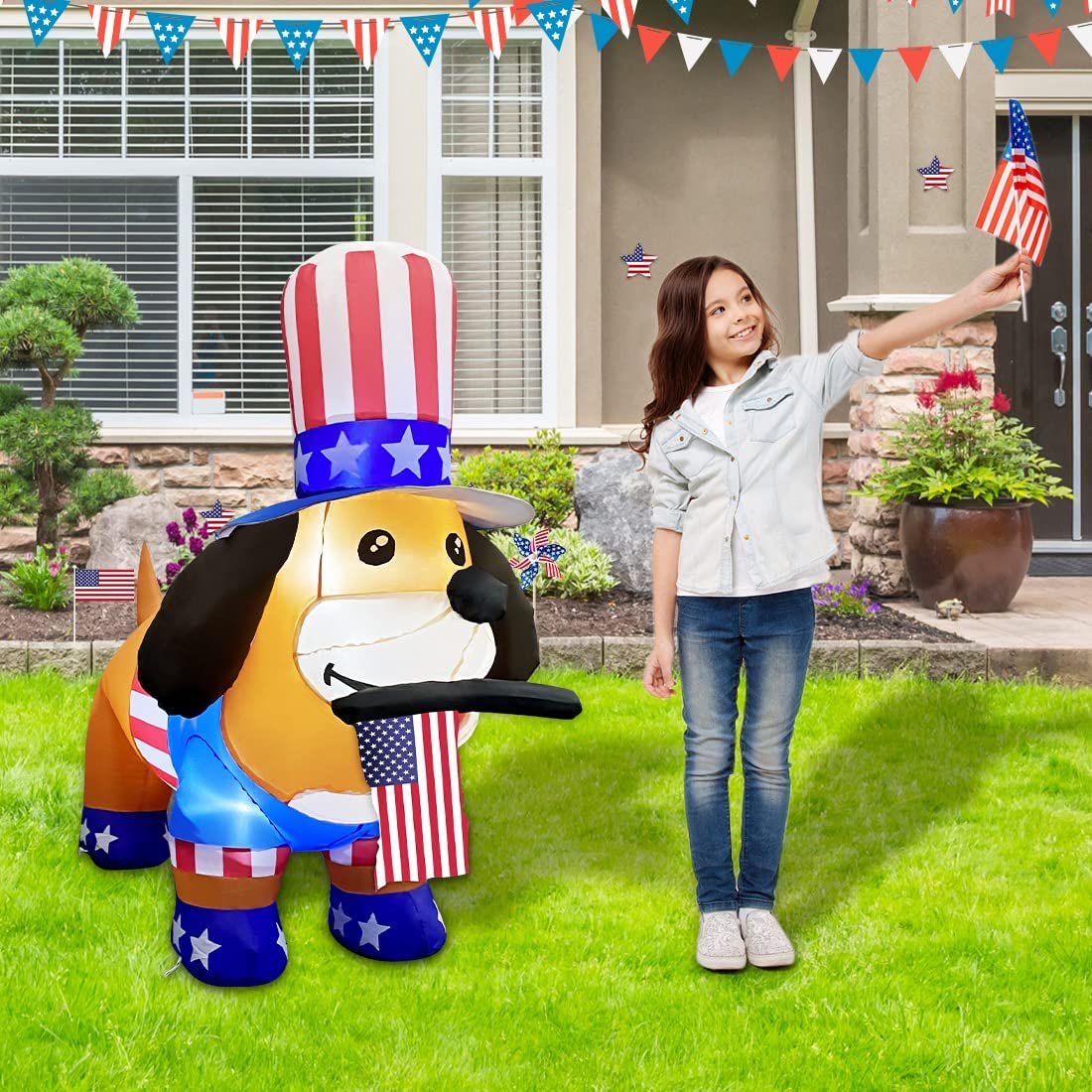 Independence Day July 4th Inflatable 4FT Dog w/ American Flag & LEDs
