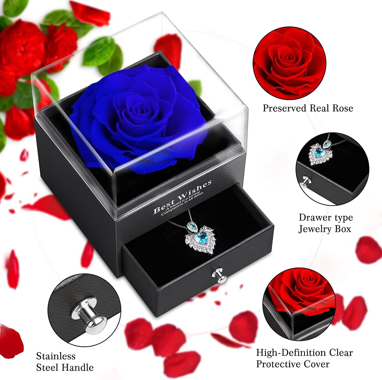 Preserved Blue Rose w/ Heart Necklace, Eternal Flowers Rose Gift for Mom| Girlfriend