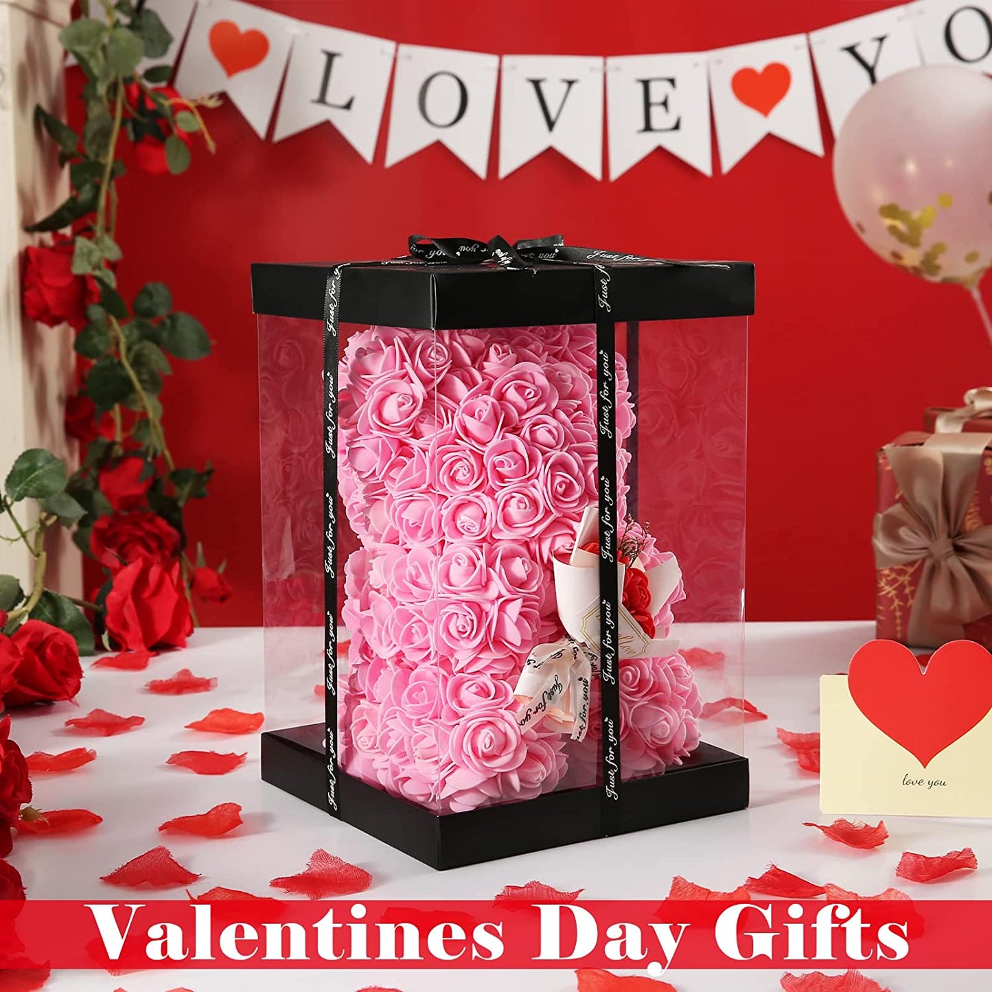 Pink Rose Bear Valentines Day Gifts for Her w/ Box & I Love You Necklace
