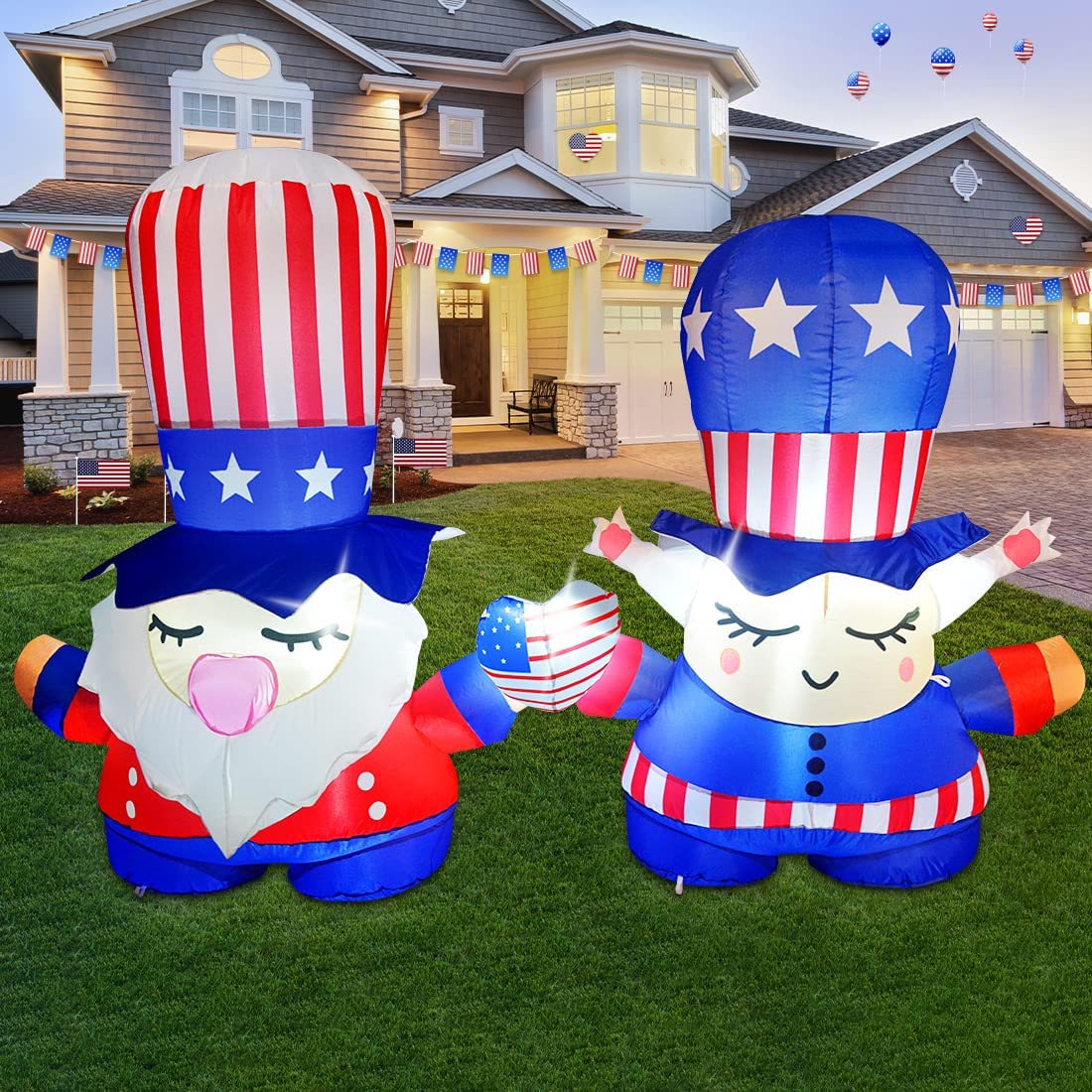 Independence Day July 4th Inflatable 7.2FT Long Gnome Couple w/ Built-in LEDs