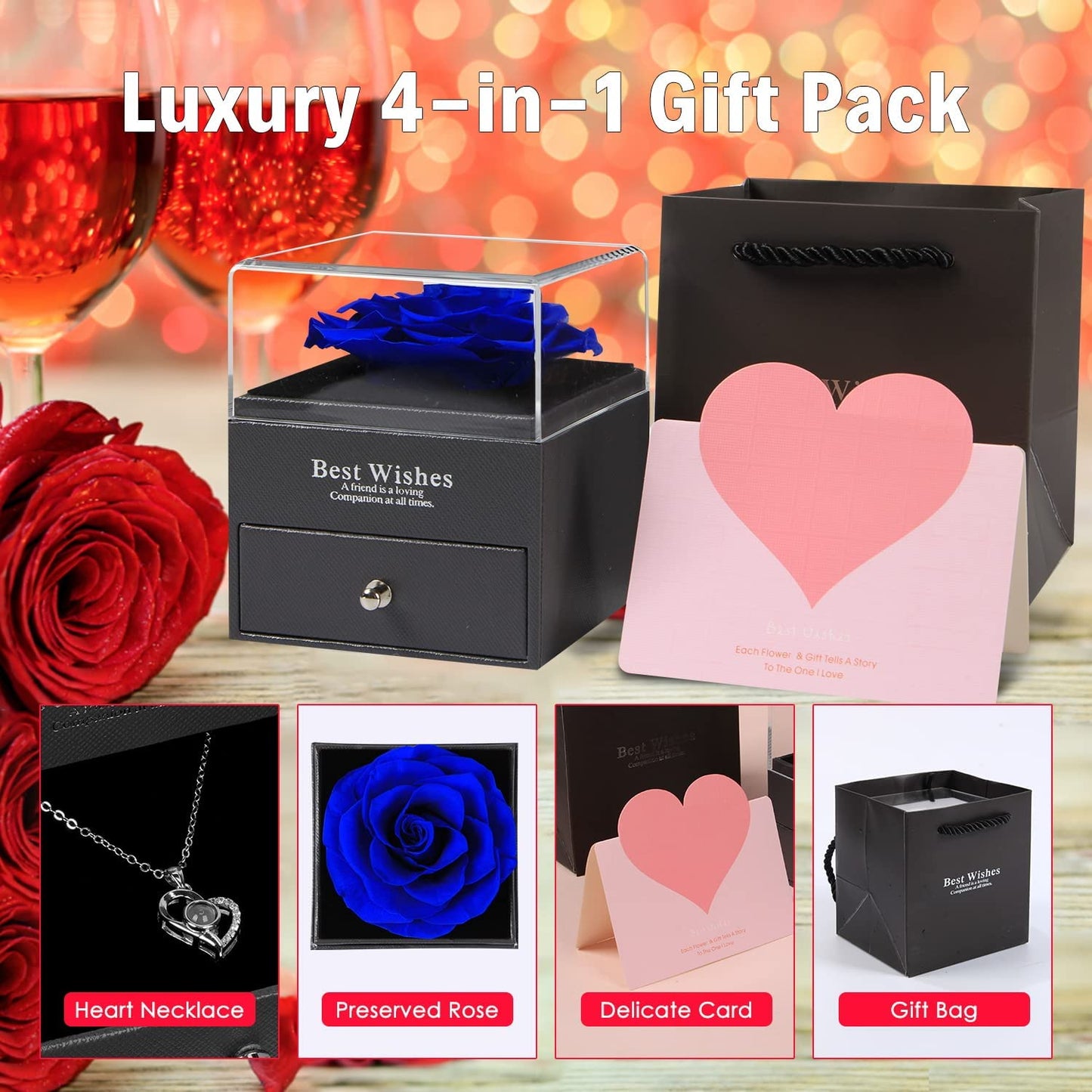 Preserved Real Rose Flower Rose Gifts w/ I Love You 100 Languages Heart Necklace-Blue