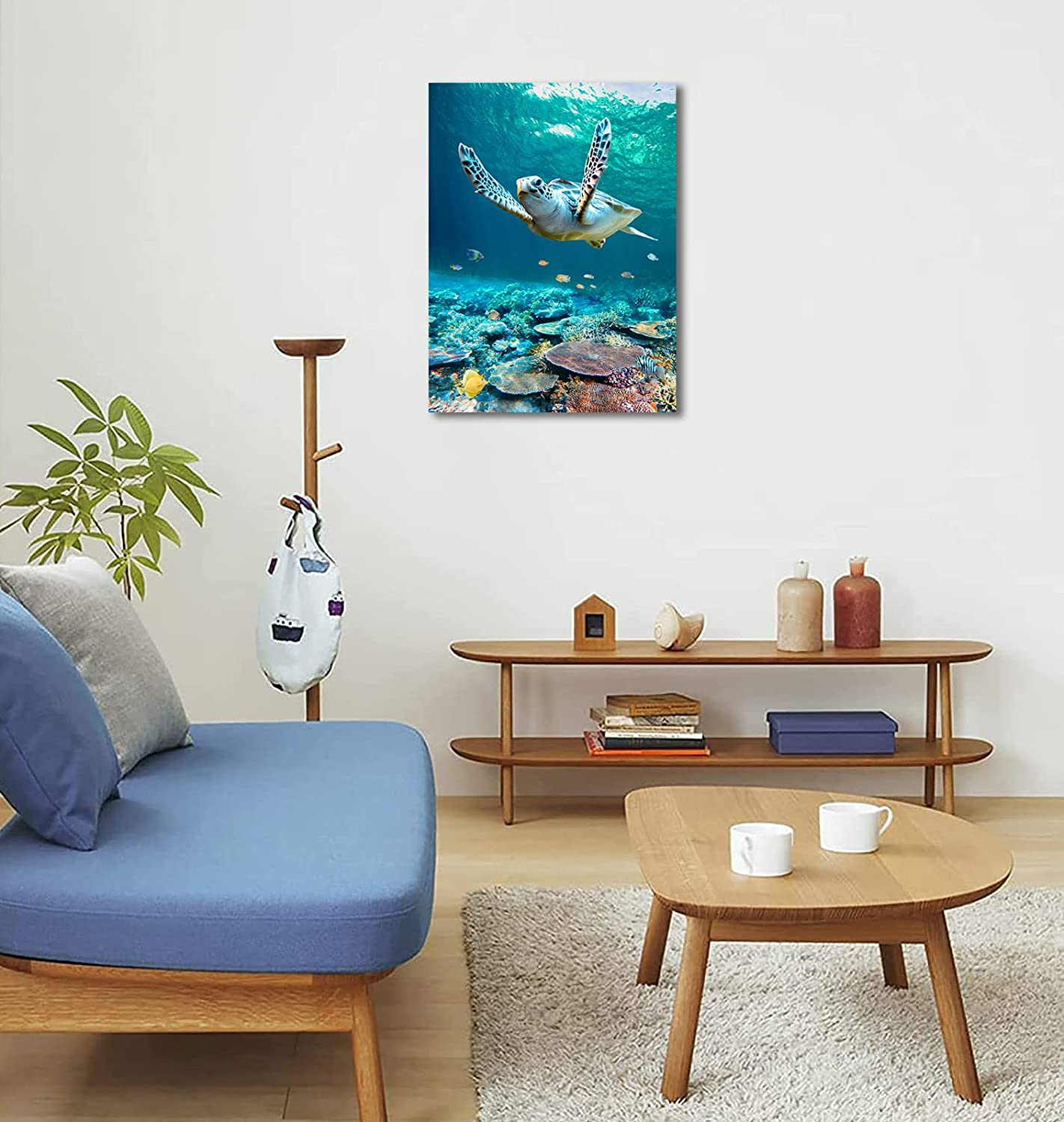 Ocean Canvas Wall Art Sea Turtle Coral Theme Painting Artwork Ready to Hang 12"x16"