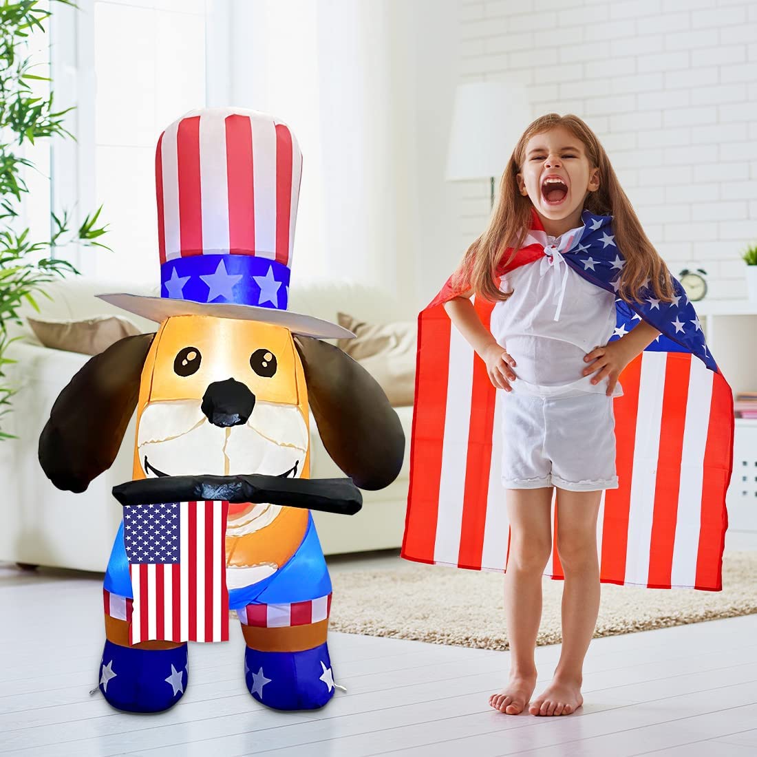 Independence Day July 4th Inflatable 4FT Dog w/ American Flag & LEDs