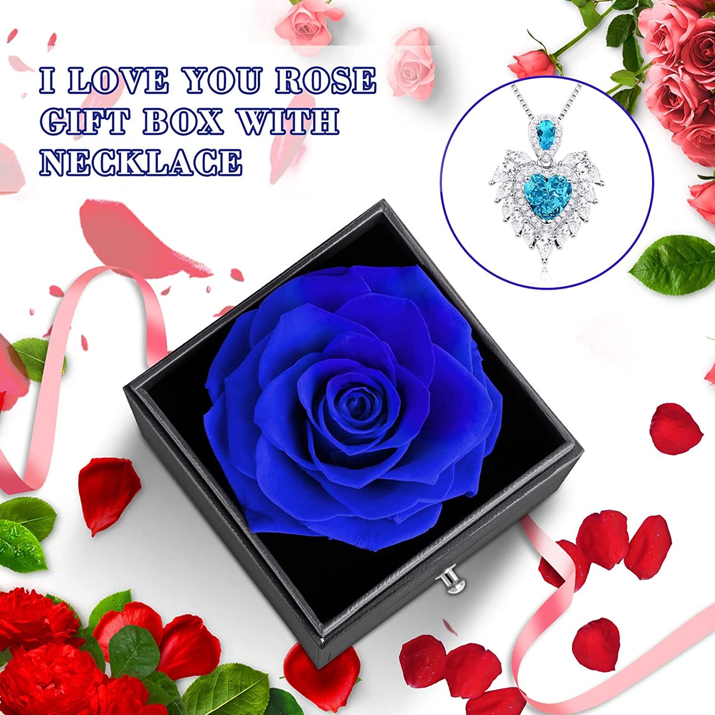 Preserved Blue Rose w/ Heart Necklace, Eternal Flowers Rose Gift for Mom| Girlfriend