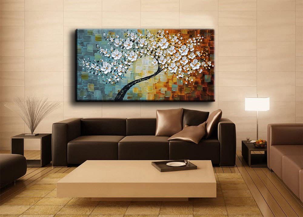 100% Hand-Painted Contemporary Oil Painting On Canvas Texture Palette Knife Tree Modern Home Interior Decor Abstract Art 3D Flowers Paintings Ready to Hang 24x48inch