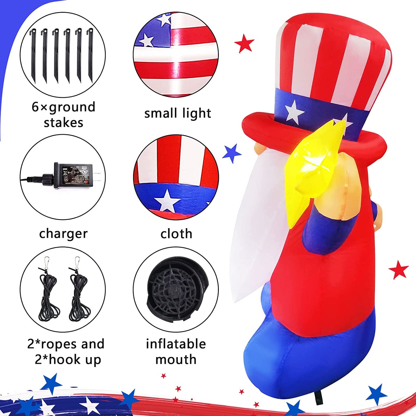 7ft Length Patriotic Independence Day Inflatable,4ft Blow Up Gnome w/ LEDs