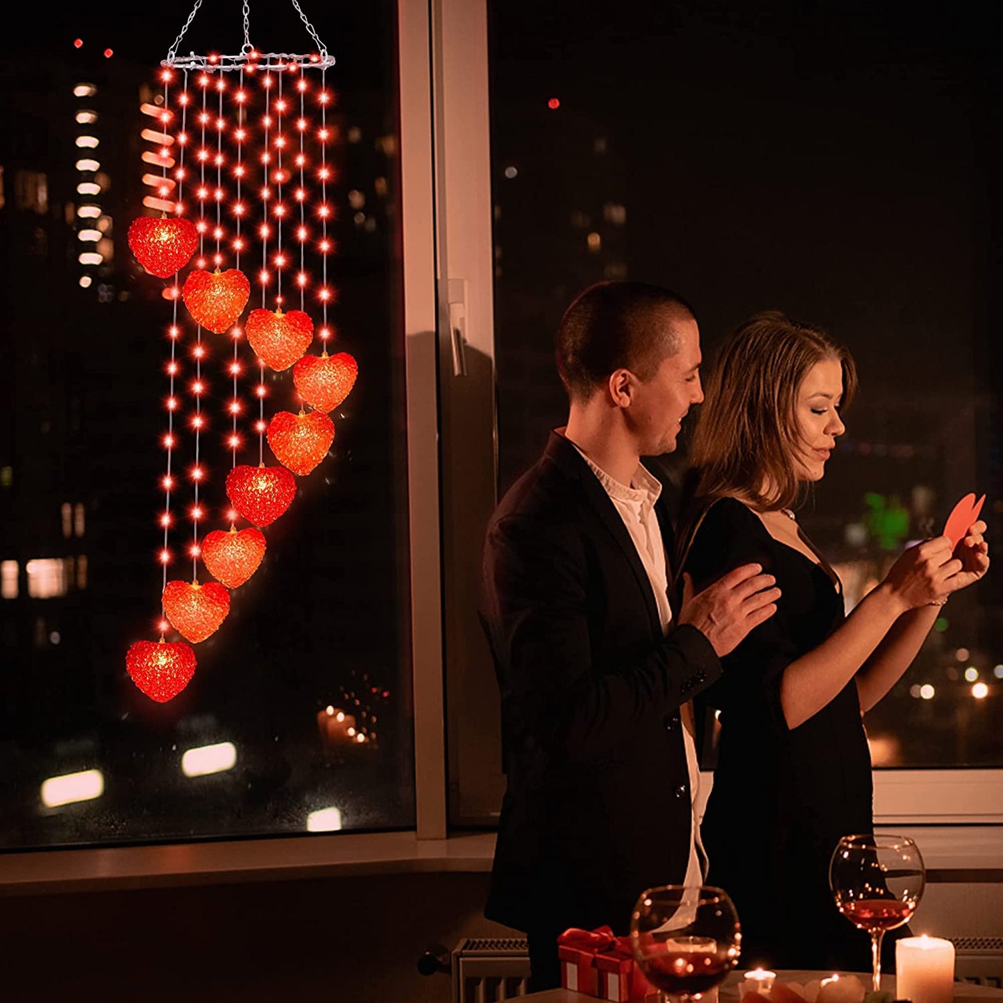 Valentines Day Lights Decor, 38IN 118LED Lighted Wind Chime, USB Powered w/ Red Heart