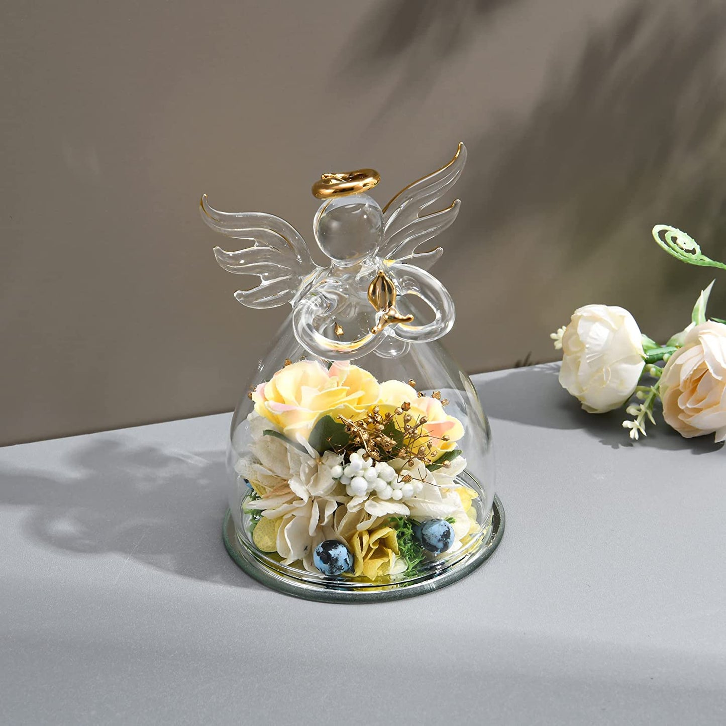 Mothers Day Gifts for Women Simulated Flowers Roses Hydrangeas Glass Angels (Yellow Pink)