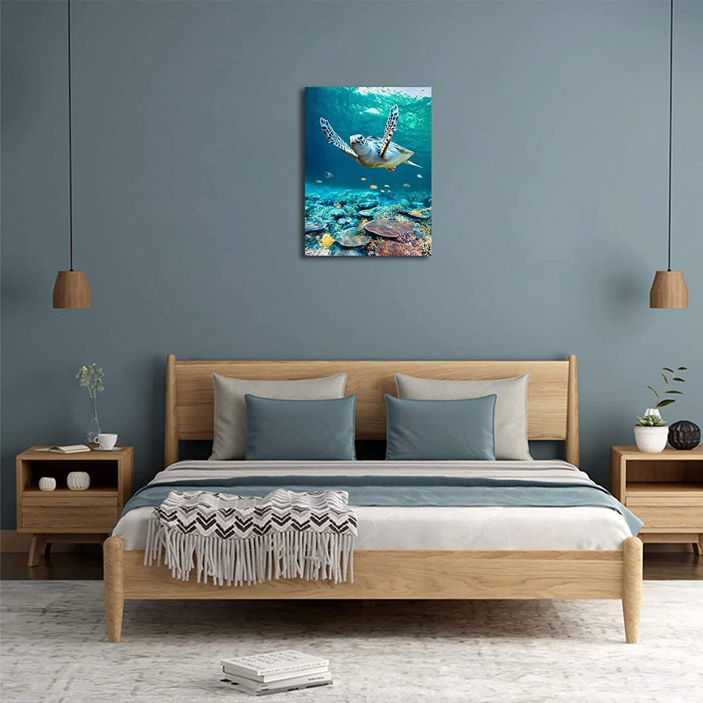 Ocean Canvas Wall Art Sea Turtle Coral Theme Painting Artwork Ready to Hang 12"x16"