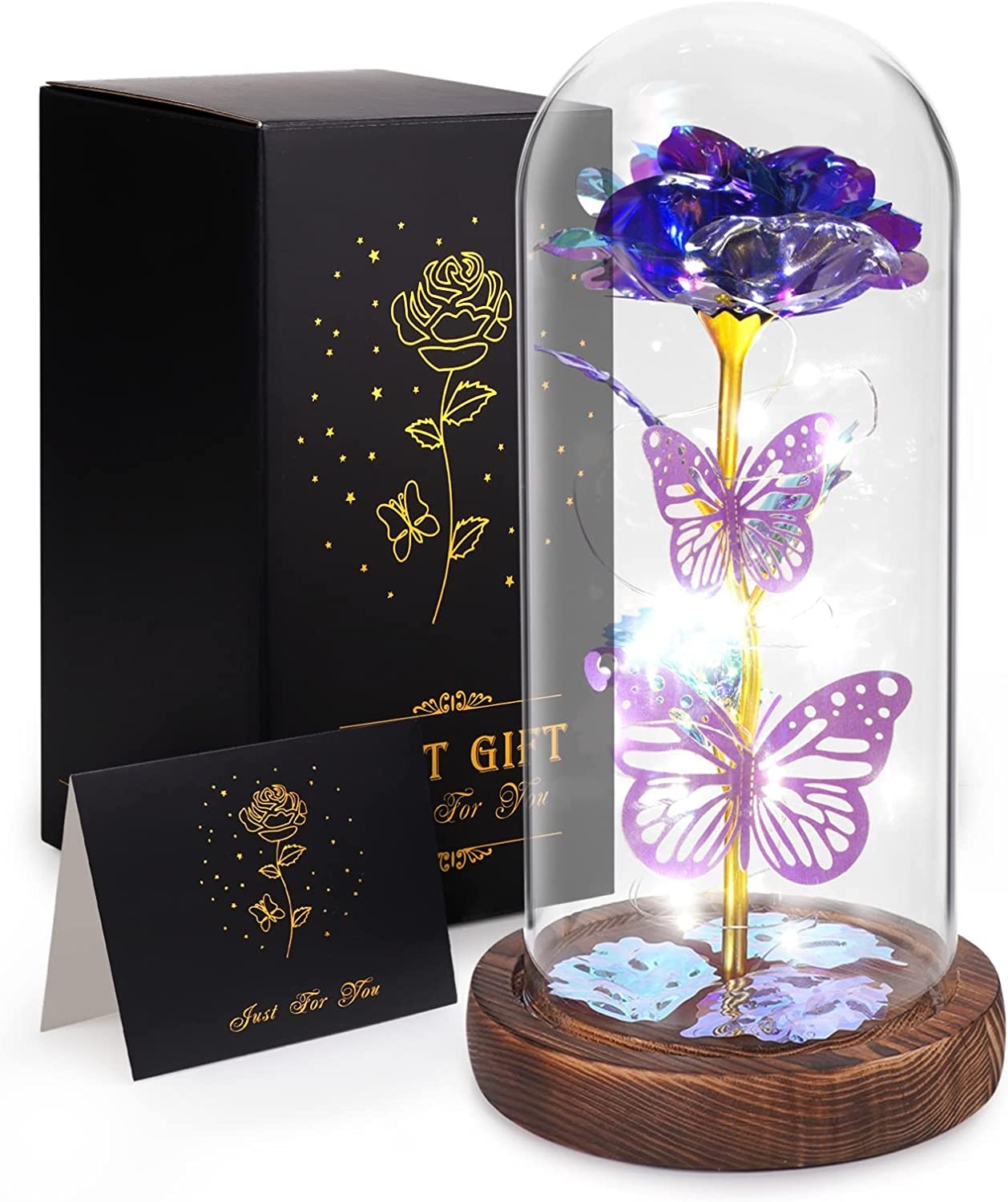 Valentines Day Gifts, Light Up Preserved Galaxy Rose, Flower Butterfly in Glass Dome, Purple