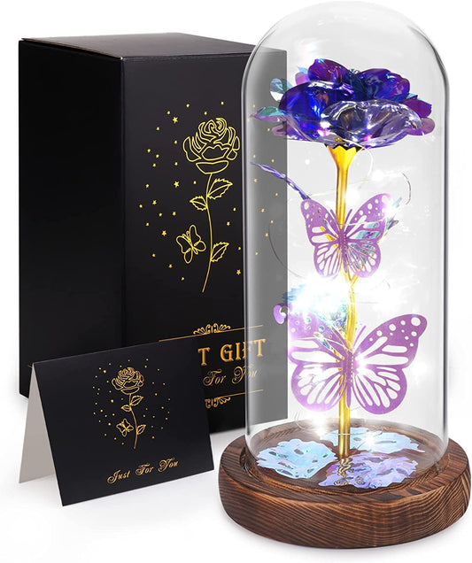 Valentines Day Gifts, Light Up Preserved Galaxy Rose, Flower Butterfly in Glass Dome, Purple