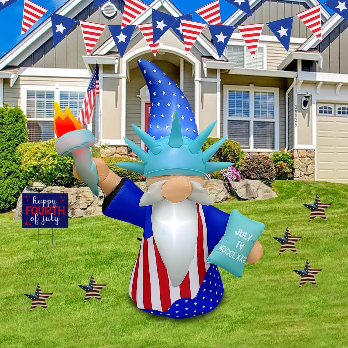 5 Ft Patriotic Independence Day Inflatable Statue of Liberty Gnome Decoration w/ LED