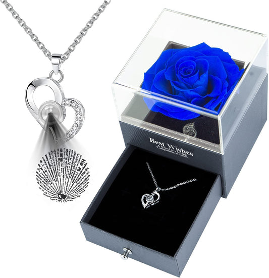 Preserved Real Rose Flower Rose Gifts w/ I Love You 100 Languages Heart Necklace-Blue