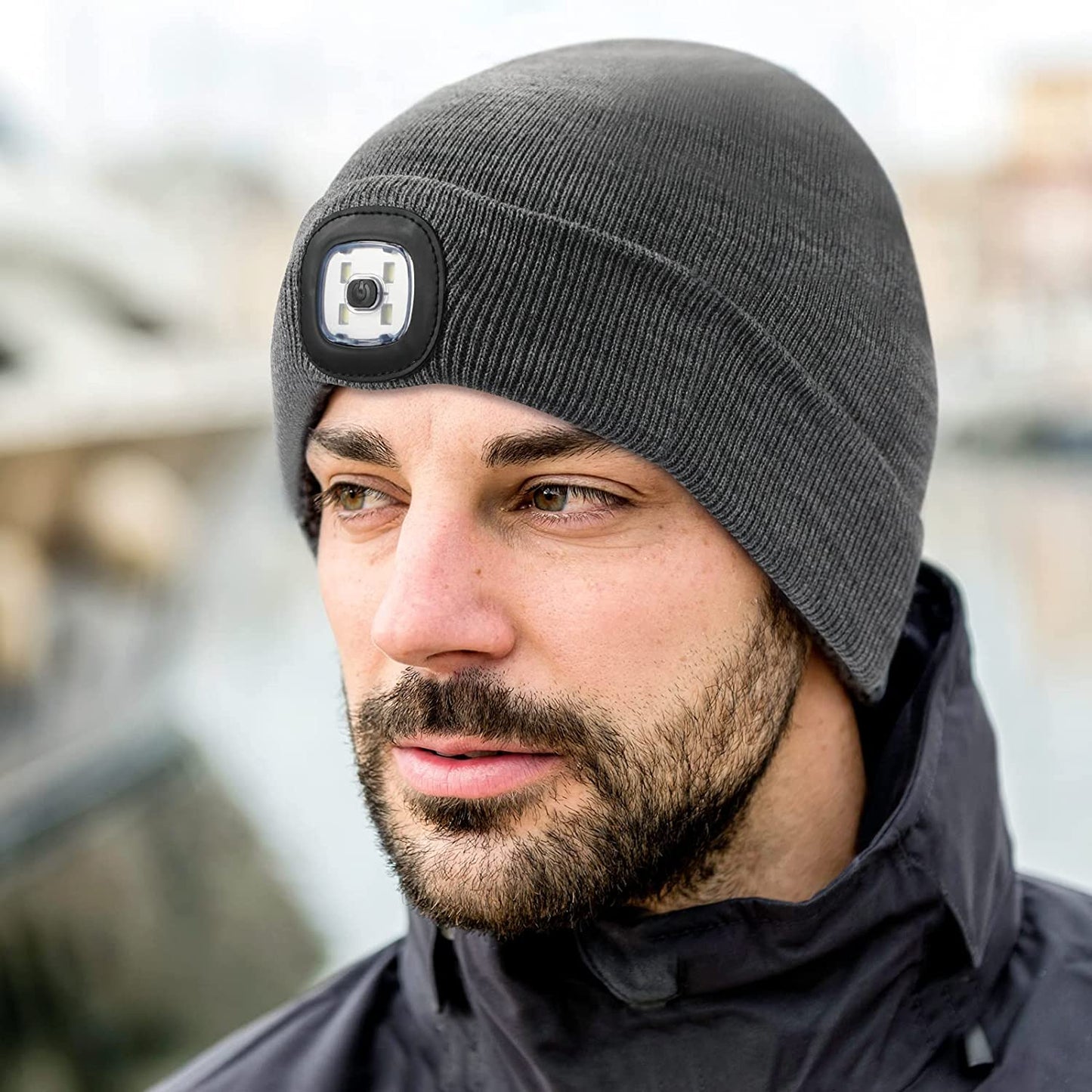 LED Beanie Hat w/ Light, Unisex USB Rechargeable Winter Knit Lighted Headlight (Grey)