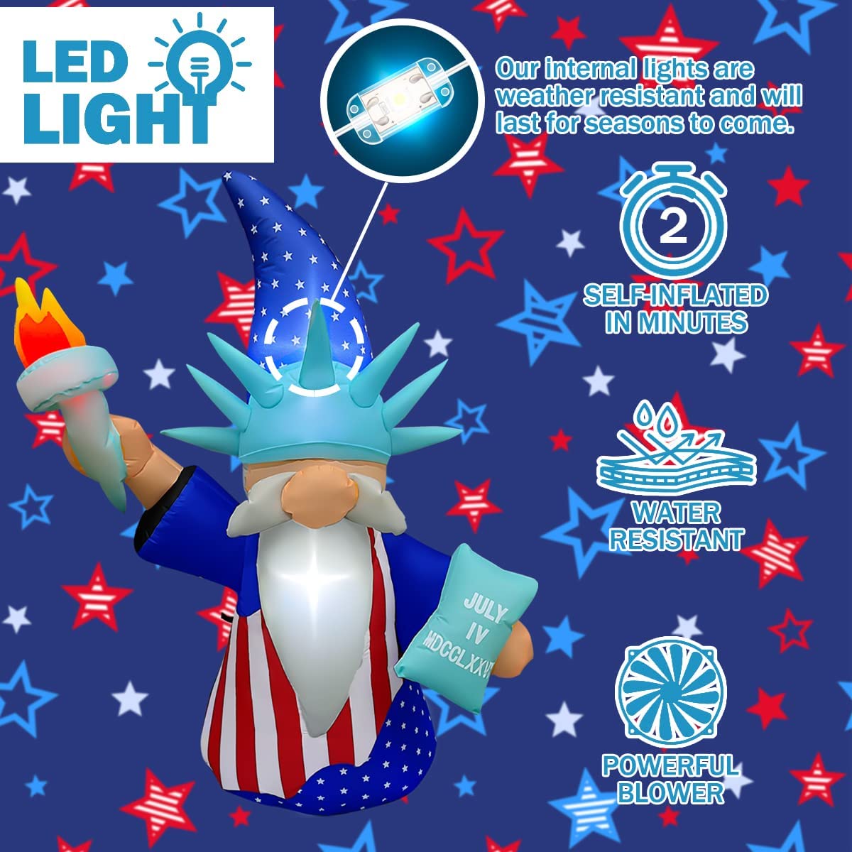 5 Ft Patriotic Independence Day Inflatable Statue of Liberty Gnome Decoration w/ LED