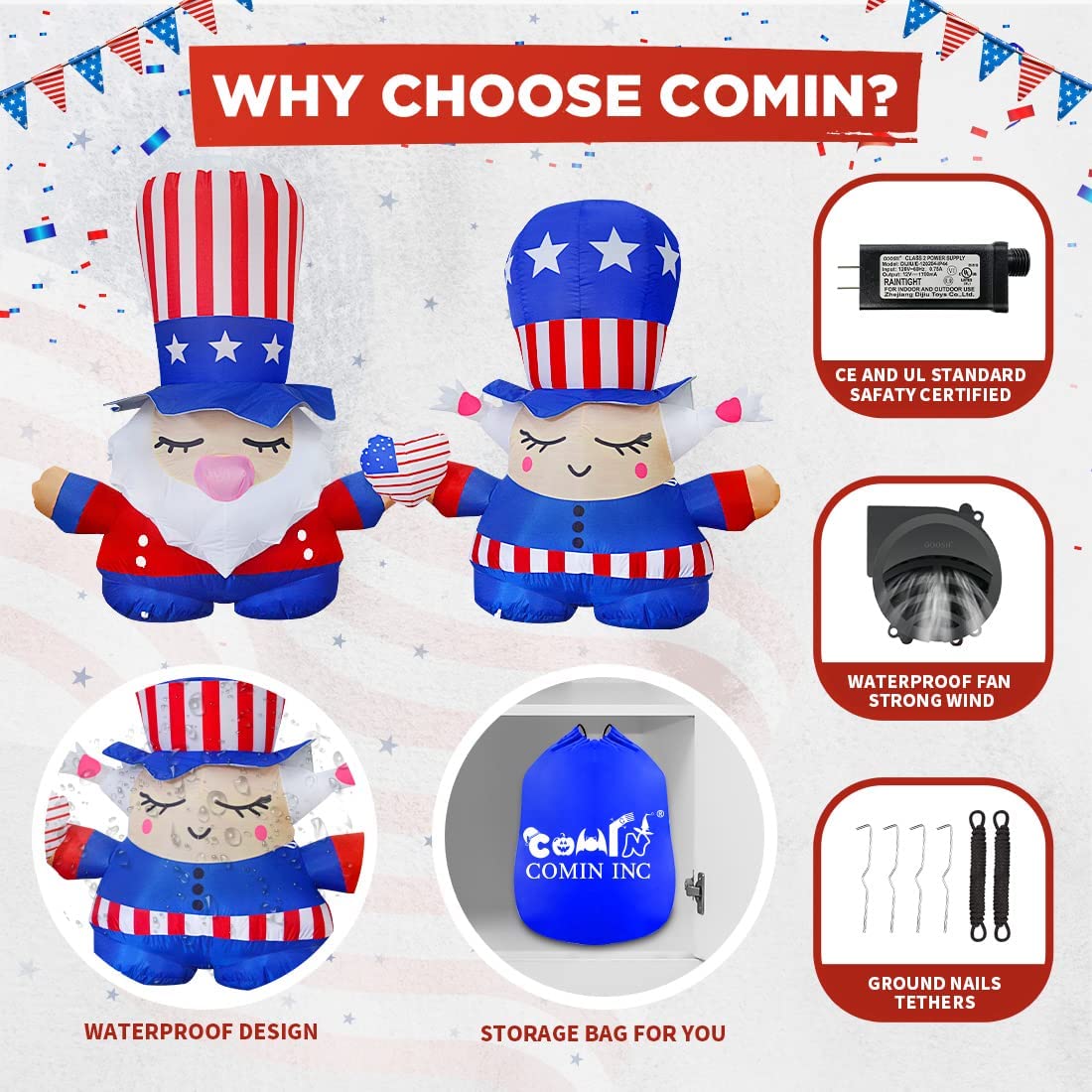 Independence Day July 4th Inflatable 7.2FT Long Gnome Couple w/ Built-in LEDs
