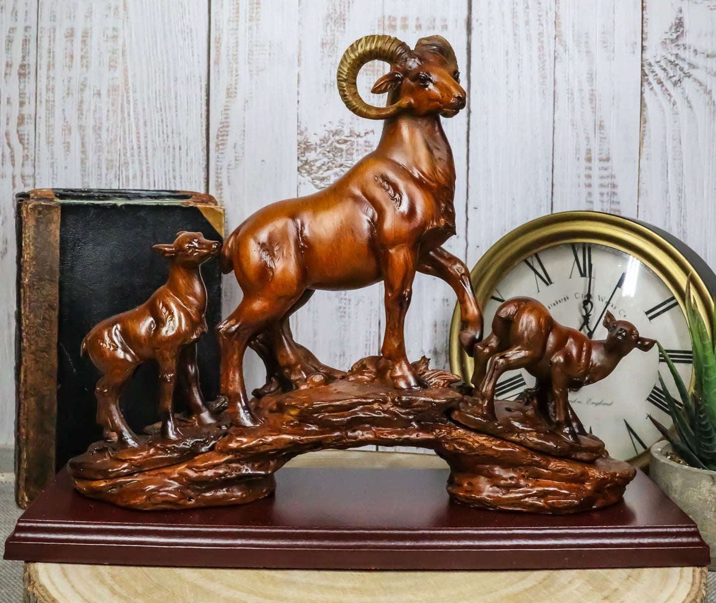 Rustic Country Bighorn Sheep Ram w/ Lambs On Rock Sculpture