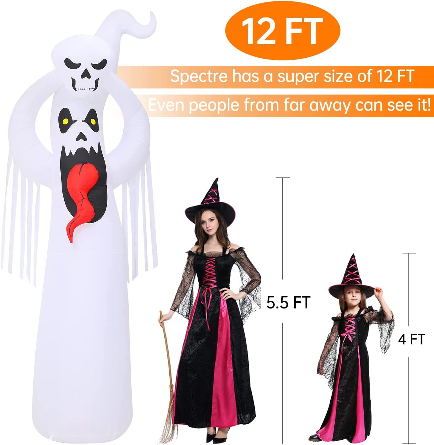 12ft Giant Halloween Inflatables White Ghost w/ 3D Tongue & Holding Small Ghost