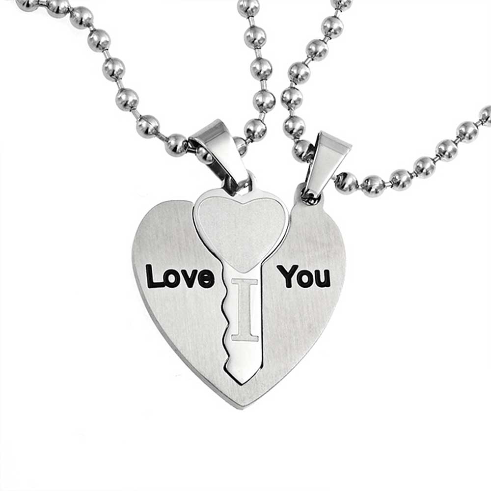 I Love You Couples 3PC Puzzle Heart Interlocking Key Pendant Necklace