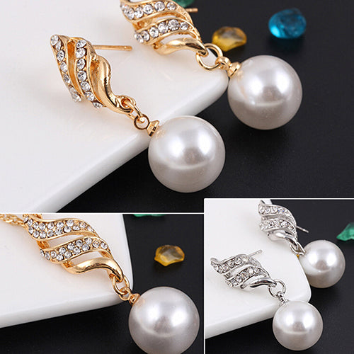 Women Faux Pearl Spiral Rhinestone  Earring & Necklace Set