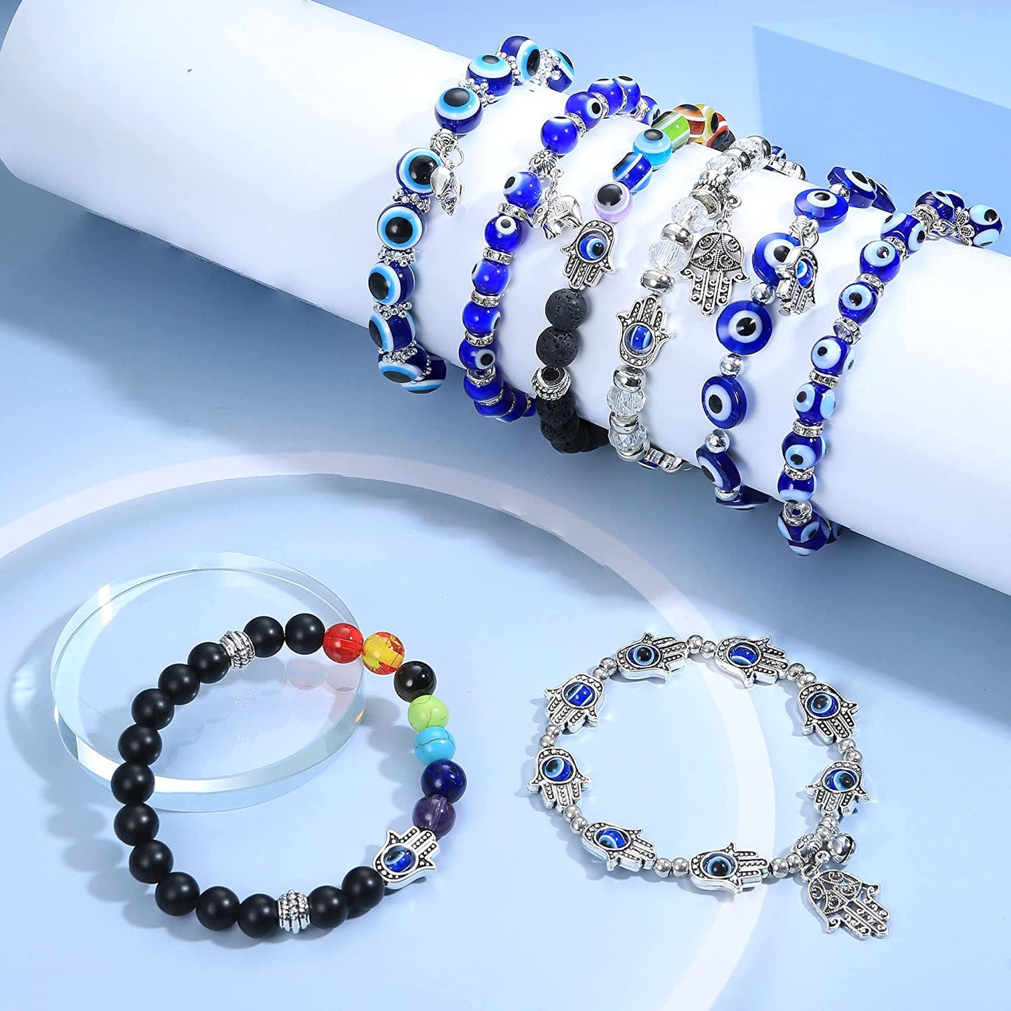 8 PCS Evil Eye Beaded Adjustable Hamsa Stretch Hand of Fatima Turkish Bracelet