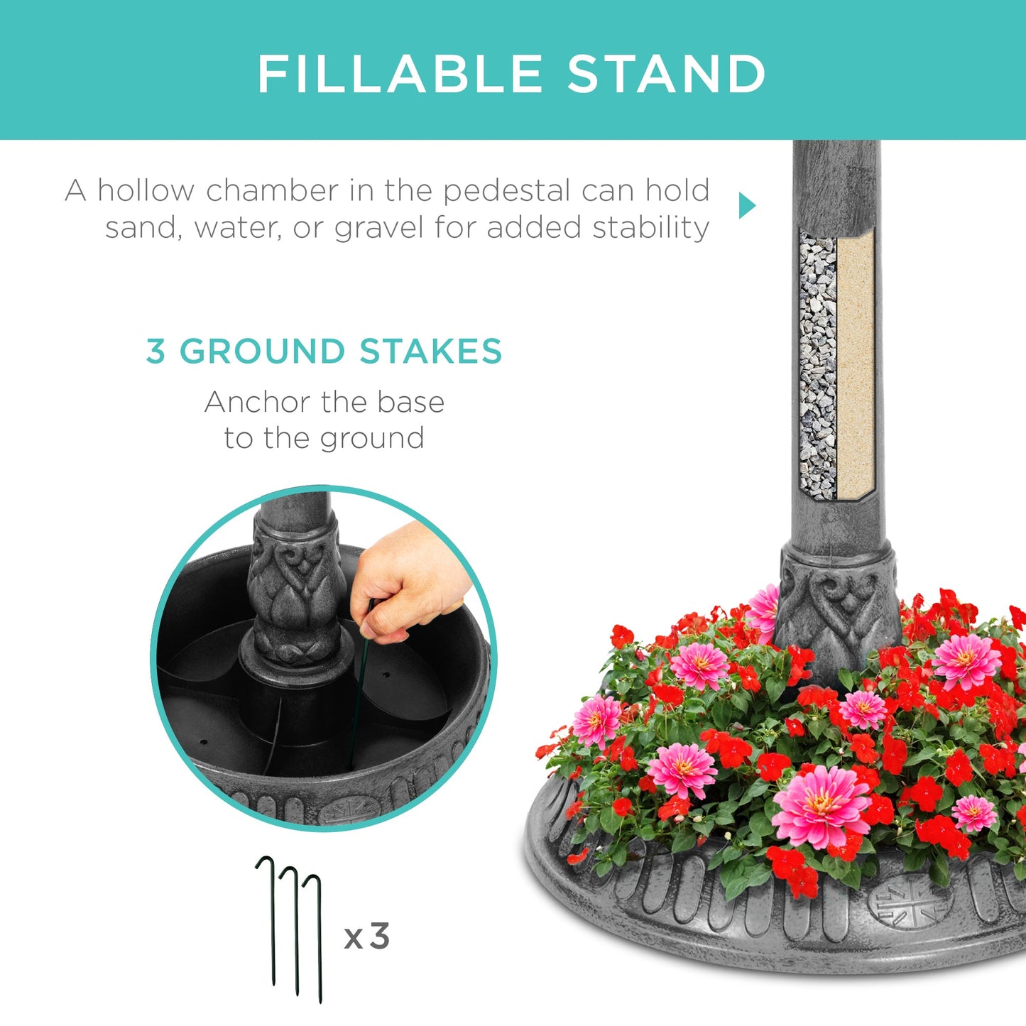 Solar Bird Bath Pedestal Fountain w/ Fillable Planter Base