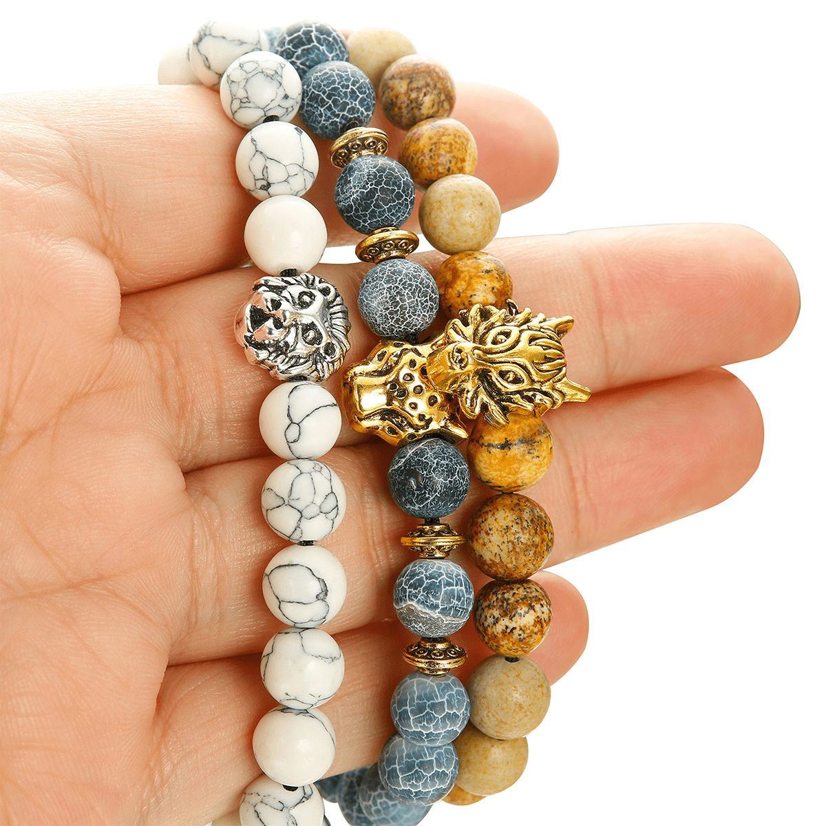6PCS Mens Bead Bracelets Set Dragon/Lion/Panther Charm Natural Stone Bracelet, 8MM
