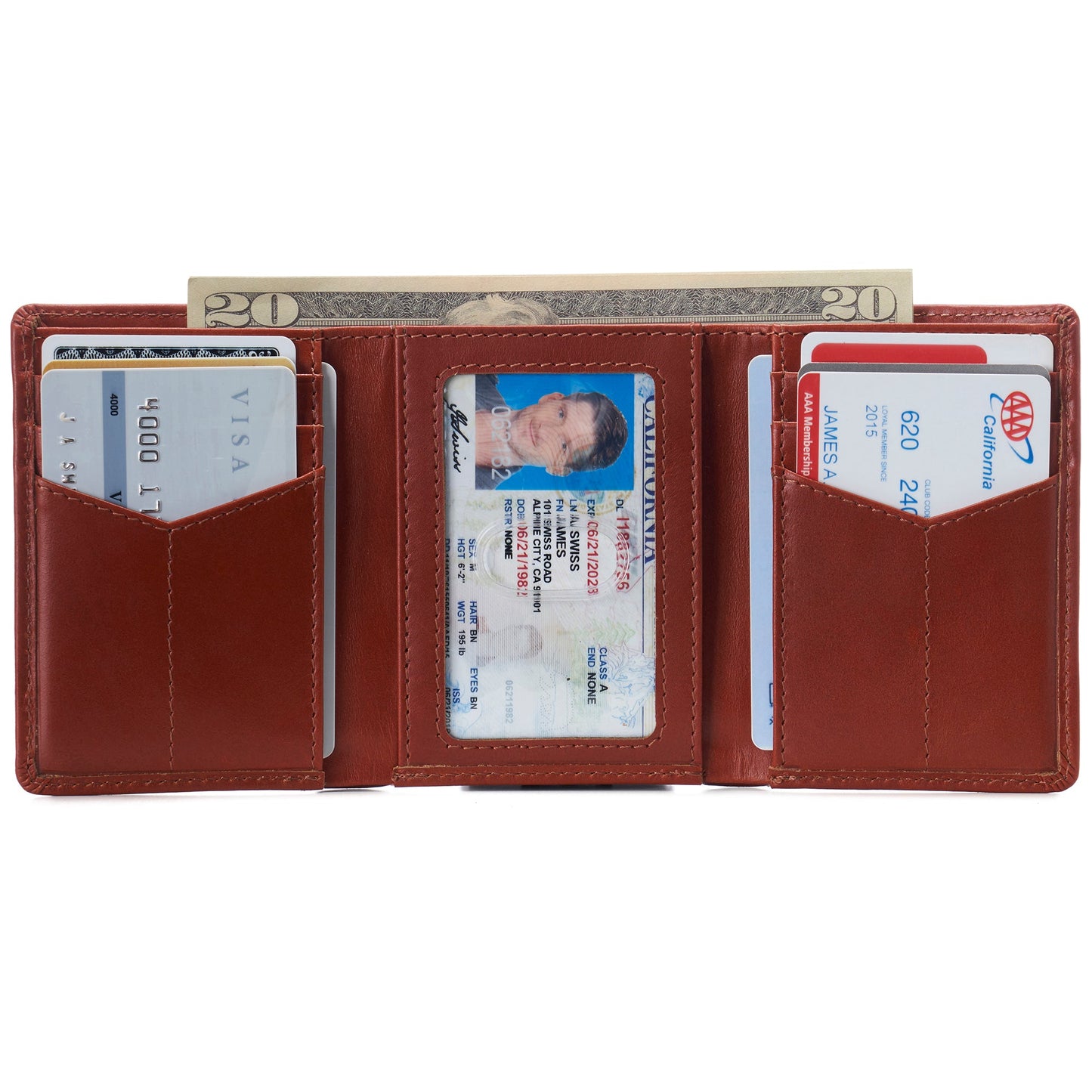 Mens RFID Protected Trifold Genuine Leather Wallet ID Window