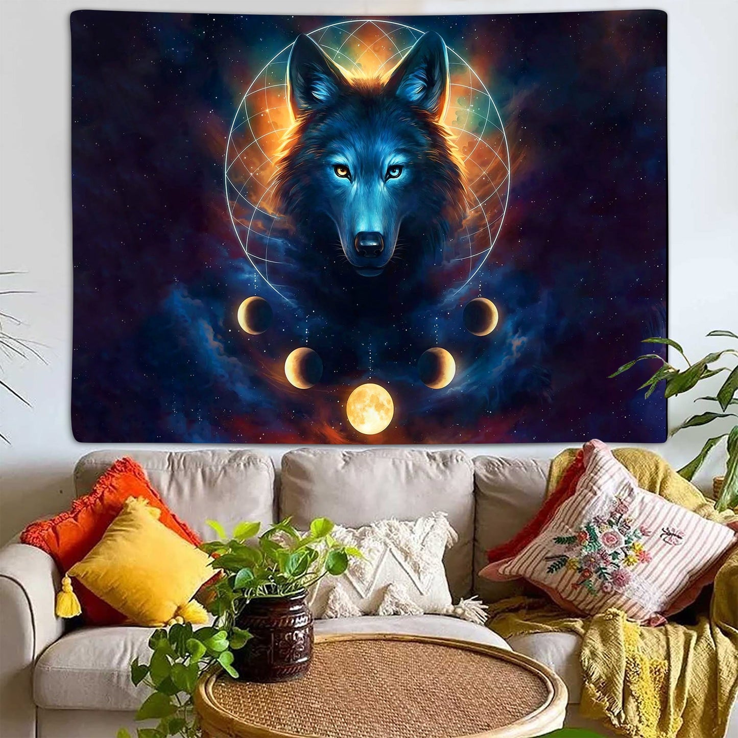 Fantasy Wolf Moon Phase Dreamcatcher Galaxy Tapestry 60X40 Inches