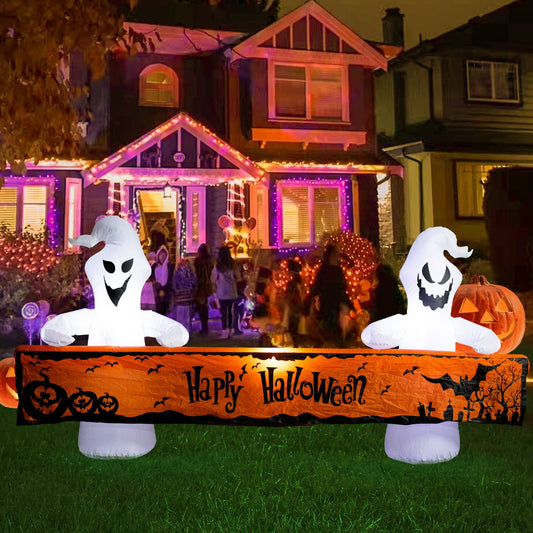 8 Ft Halloween Inflatable White Ghosts w/ Lighted Orange Banner