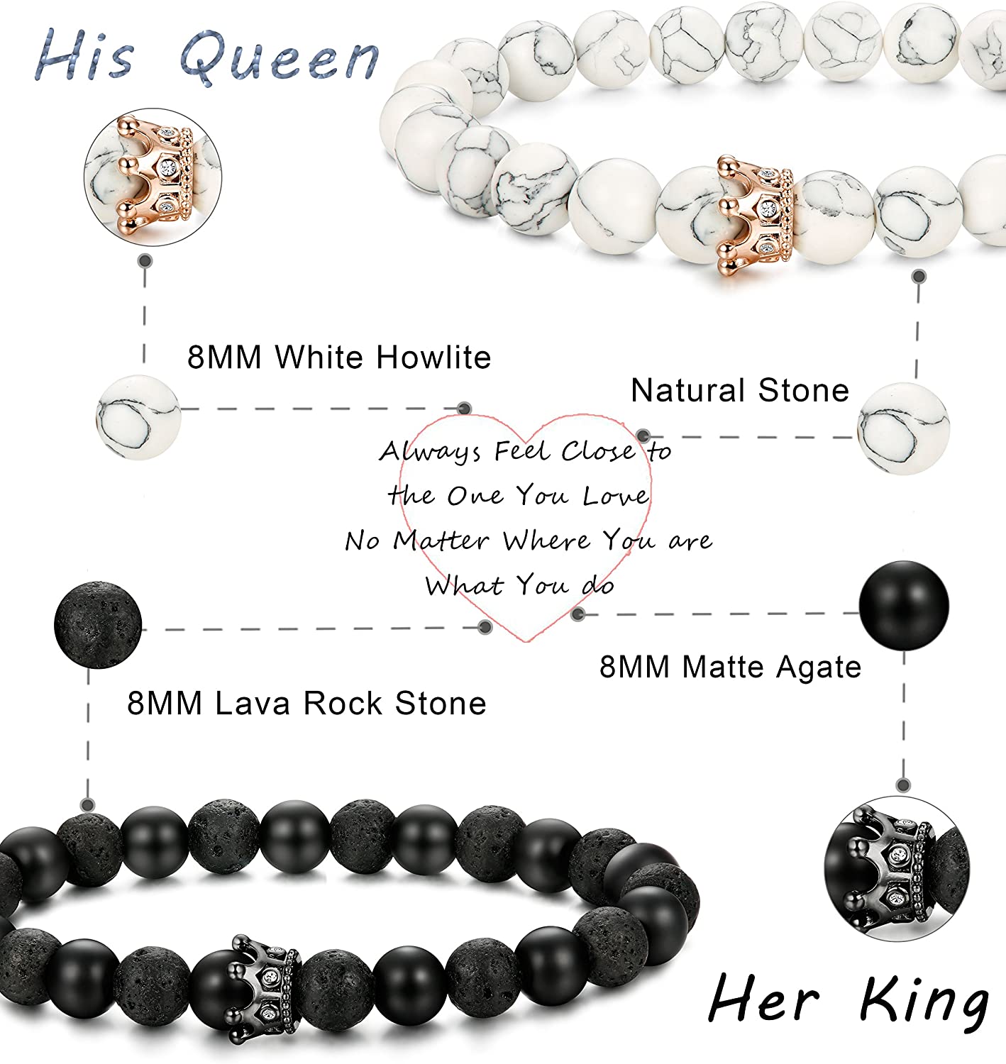 4 Pcs Couples His & Her Crown Queen Bracelets Set 8mm Beads Bracelets