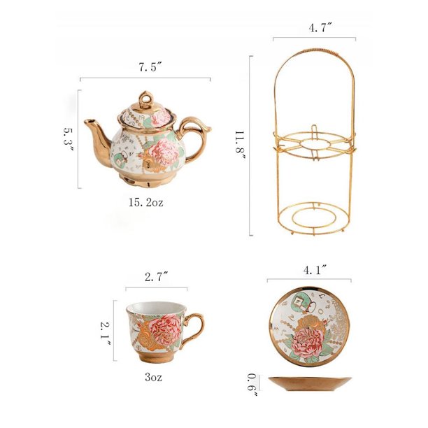 13 Pcs Cup Set,Ceramics Vintage Coffee Set - 6 Tea Cups 6 Saucers 1 Teapot &1 Golden Metal Stand