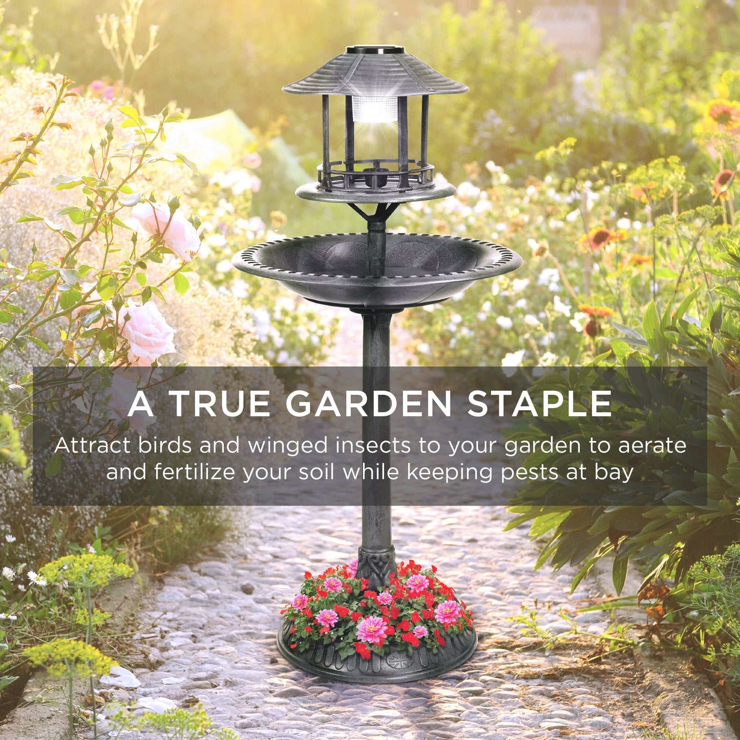 Solar Bird Bath Pedestal Fountain w/ Fillable Planter Base