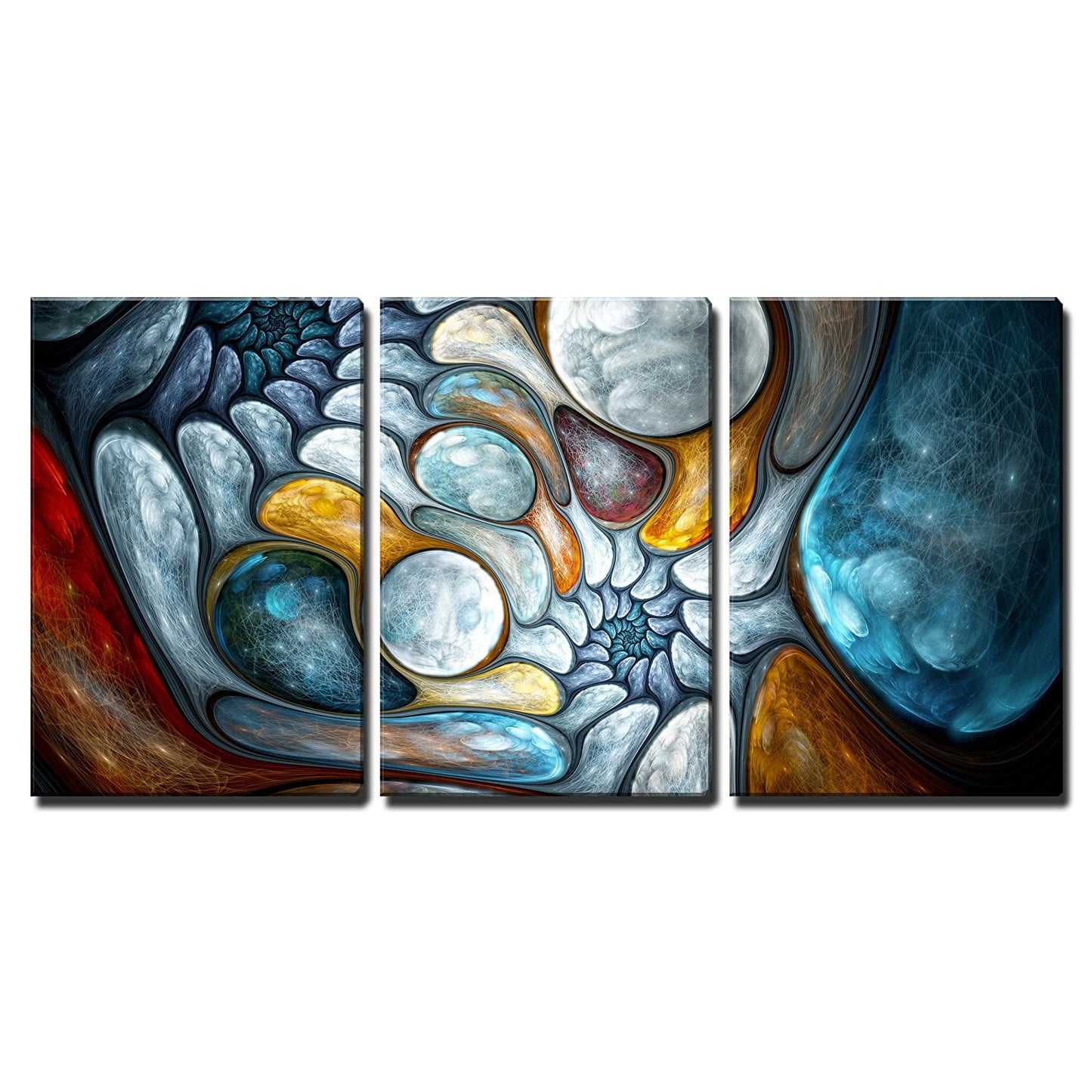3 Piece Canvas Wall Art - Colorful Glowing Bubbles Fractal Stretched & Framed