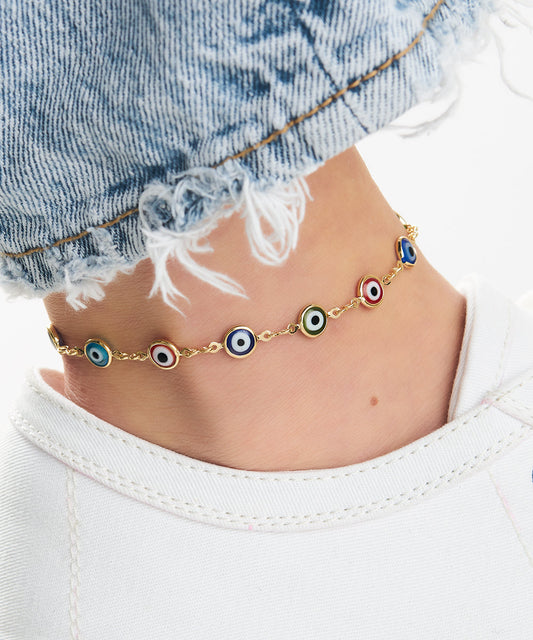 18k Gold Plated Multi-colored Evil Eye Ankle Bracelet