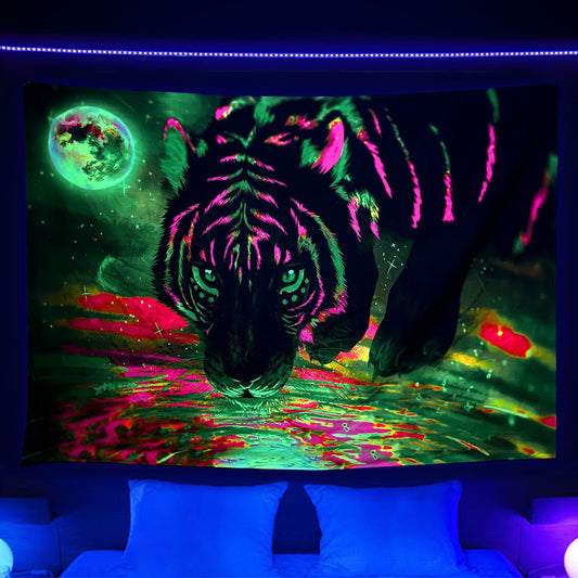 Blacklight Psychedelic Tiger Tapestry, 60x40 inches