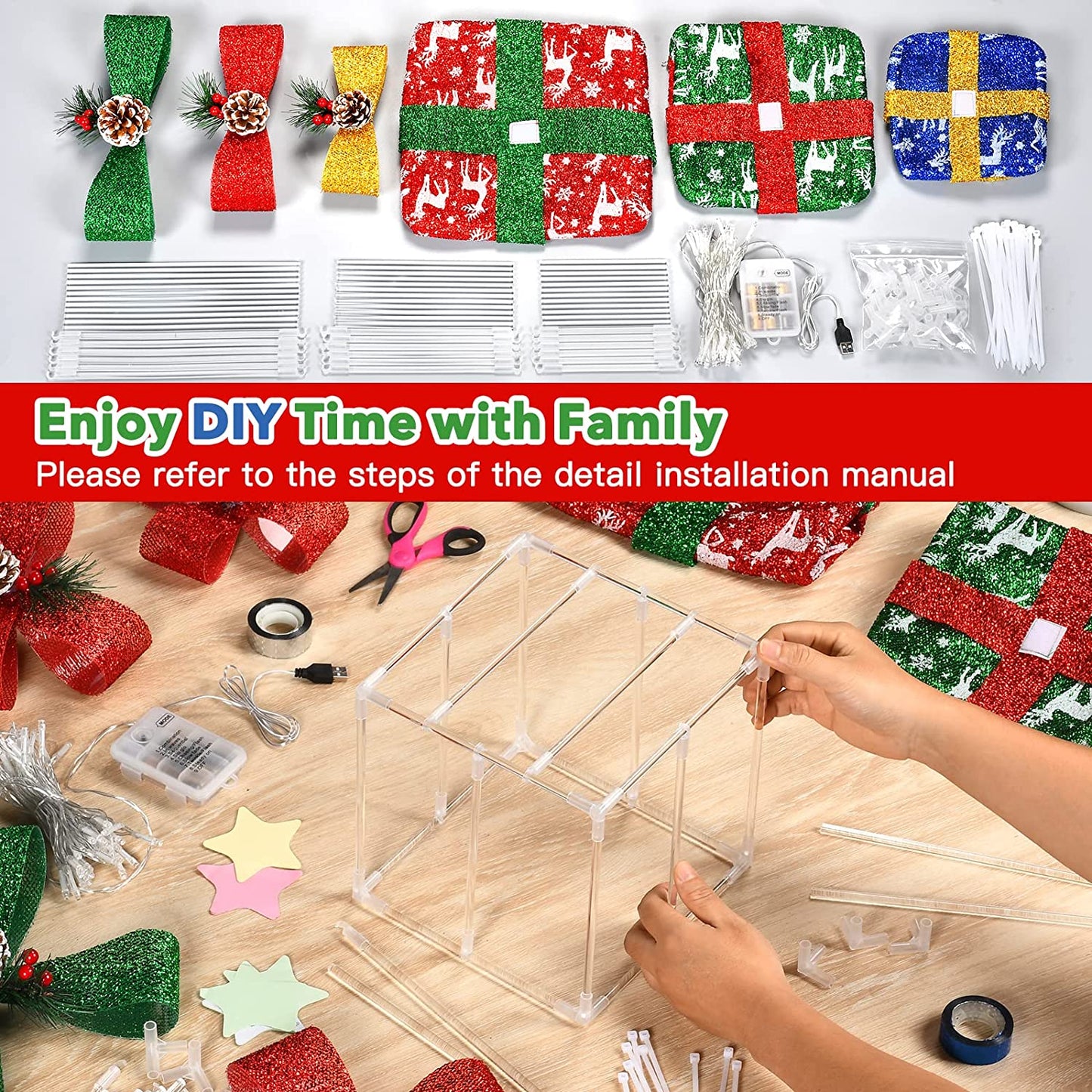 Set of 3 Christmas Multicolor LED Light up Present Boxes with Bow and Pinecones